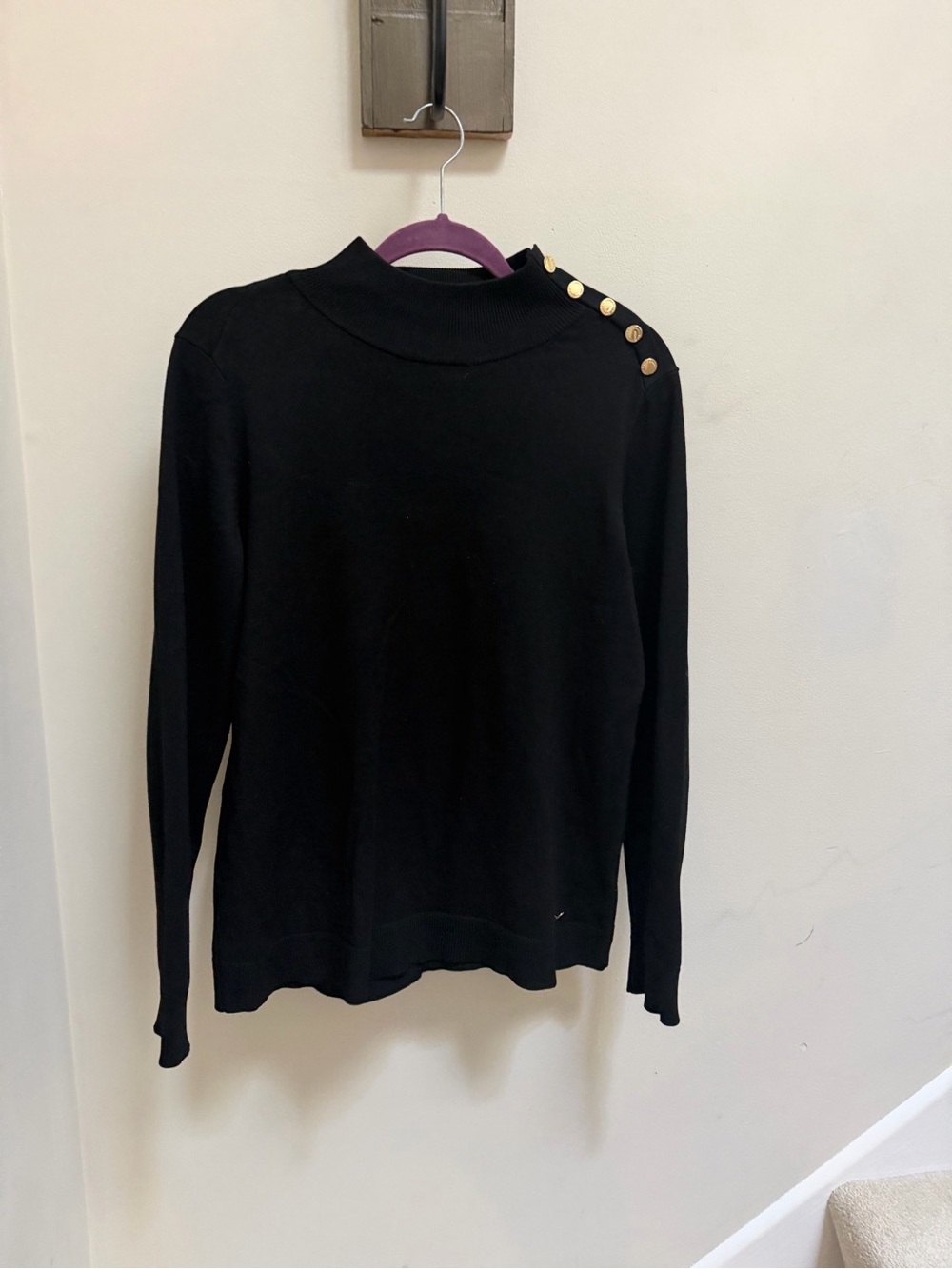 Calvin Klein Black Mock Neck Sweater Gold Button Detail Size M